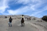 Pemilik mengantarkan pengunjung berkuda di Gunung Bromo, Probolinggo, Jawa Timur, Minggu (13/6/2021). Para penunggang kuda tersebut menawarkan jasanya kepada wisatawan yang ingin menuju puncak Gunung Bromo dengan tarif Rp50 ribu sampai Rp150 ribu. Antara Jatim/Umarul Faruq/zk