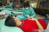 Petugas Palang Merah Indonesia (PMI) melakukan tranfusi darah pendonor di Karawang, Jawa Barat, Sabtu (21/8/2021). Kegiatan tersebut diselenggarakan sebagai upaya pemenuhan kuota kantong darah dalam rangka HUT ke-76 RI. ANTARA FOTO/M Ibnu Chazar/agr