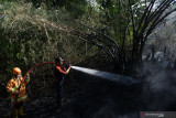 Petugas pemadam kebakaran menyempotkan air untuk memadamkan api saat terjadi kebakaran lahan di Kelurahan Nambangan Kidul, Kota Madiun, Jawa Timur, Minggu (5/9/2021). Kebakaran lahan dengan semak belukar dan pohon bambu di dekat permukiman warga tersebut diduga berasal dari api di tumpukan sampah. Antara Jatim/Siswowidodo/zk