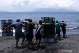 Nelayan melakukan proses penenggelaman apartemen ikan di Pantai Cacalan, Banyuwangi, Jawa Timur, Sabtu (25/9/2021). Sebanyak 40 modul apartemen ikan sebagai terumbu karang buatan itu, ditenggelamkan sebagai upaya peningkatan sumberdaya perikanan di Banyuwangi. Antara Jatim/Budi Candra Setya/zk