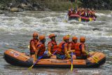 Peserta berselancar melewati jeram arus pada Jambore Nasional Riverbording #3 di Sungai Ciwulan, Kawalu, Kota Tasikmalaya, Jawa Barat, Minggu (10/10/2021). Jambore Nasional Riverbording yang diikuti oleh ratusan pehobi selancar sungai dari berbagai daerah dalam rangka silahturahmi tersebut bertujuan untuk mempromosikan wisata Sungai Ciwulan, mengampanyekan sungai untuk dijaga kelestariannya dan meningkatkan ekonomi warga setempat. ANTARA FOTO/Adeng Bustomi/agr