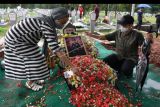 Kerabat menaburkan bunga di makam mantan Menteri Sekretaris Negara Sudi Silalahi di Taman Makam Pahlawan (TMP) Kalibata, Jakarta, Selasa (26/10/2021). Almarhum Sudi Silalahi meninggal dunia pada Senin (25/10) di RSPAD, Jakarta karena sakit. ANTARA FOTO/Hafidz Mubarak A/nym.