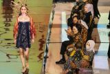 Model memamerkan busana yang dikenakannya saat Surabaya Fashion Week di Grand City Mall, Surabaya, Jawa Timur, Minggu (31/10/2021). Surabaya Fashion Week 2021 tersebut digelar secara luring dan daring sampai 7 November 2021. Antara Jatim/Didik Suhartono/zk