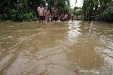 Banjir landa Aceh Utara. Sejumlah anak berenang dalam banjir yang merendam Desa Ampeh, Kecamatan Tanah Luas, Aceh Utara, Selasa (9/11/2021). Banjir akibat luapan sungai yang tidak mampu menampung tingginya intensitas hujan itu menerjang Tiga kecamatan di Aceh Utara dan ratusan jiwa warga dilaporkan mulai mengungsi. ANTARA FOTO/Rahmad