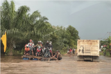 Sejumlah kendaraan melintasi jalan nasional yang terendam banjir di ruas jalan Kabupaten Sekadau, Kalimantan Barat, Jumat (12/11/2021). Tingginya intensitas hujan yang terjadi selama tiga pekan terakhir di wilayah hulu Kalbar tersebut mengakibatkan sejumlah kabupaten di daerah terendam banjir setinggi 50-100 cm. ANTARA FOTO/Jane Elisabeth Wuysang/jhw/aww. 