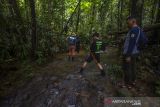 Tim penanaman benih kopi jenis arabika di 1000 MDPL menyusuri hutan Pegunungan Meratus di Kawsan Gunung Periuk, Dusun Pantai Mangkiling, Kabupaten Hulu Sungai Tengah, Kalimantan Selatan, Rabu (17/11/2021). Serikat Petani Indonesia (SPI) Kalsel bersama Posko Meratus serta Pokdarwis Datu Maningkat dan warga Dusun Pantai Mangkiling melakukan Uji coba menanam benih kopi jenis arabika di ketinggian 1000 MDPL di Pegunungan Meratus kegiatan tersebut merupakan salah satu upaya untuk melestarikan hutan yang terus terancam aksi penebangan. Foto Antaranews Kalsel/Bayu Pratama S.