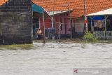 Warga berjalan menerobos banjir rob yang merendam pemukiman di desa Eretan Wetan, Indramayu, Jawa Barat, Kamis (9/12/2021). Banjir rob yang terjadi hampir sebulan itu membuat aktivitas warga terhambat. ANTARA FOTO/Dedhez Anggara/agr