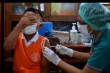 Vaksinator menyuntikkan vaksin COVID-19 kepada pelajar SD Negeri 28 Dangin Puri saat pelaksanaan vaksinasi COVID-19 untuk anak 6-11 tahun di Denpasar, Bali, Sabtu (22/1/2022). Hingga Jumat (21/1) tercatat sebanyak 384.024 orang anak di wilayah Provinsi Bali telah menerima vaksin COVID-19 tahap satu atau mencapai 104 persen dari target sasaran vaksinasi sebanyak 369.044 orang anak usia 6-11 tahun. ANTARA FOTO/Fikri Yusuf/nym.