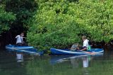 Dua warga membersihkan sampah dalam aksi bersih mangrove di kawasan Mangrove Conservation Forest Bali, Denpasar, Bali, Sabtu (29/1/2022). Kegiatan yang digelar Kementerian Lingkungan Hidup dan Kehutanan bersama Green Leadership Indonesia tersebut sebagai momentum menyambut penyelenggaraan Presidensi G20 tahun 2022 di Bali yang dirangkaikan dengan kampanye sungai bersih untuk mencegah sampah masuk ke dalam saluran air serta program restorasi mangrove guna menjaga kelestarian hutan bakau. ANTARA FOTO/Nyoman Hendra Wibowo/nym.