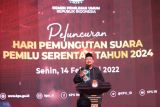 Ketua Komisi Pemilihan Umum (KPU) Ilham Saputra menyampaikan sambutannya pada acara peluncuran Hari Pemungutan Suara Pemilu Serentak Tahun 2024 di Gedung KPU, Jakarta, Senin (14/2/2022). KPU menetapkan Rabu, 14 Februari 2024 sebagai hari dan tanggal untuk pemungutan suara pada Pemilihan Umum Serentak 2024. ANTARA FOTO/Reno Esnir/wsj.