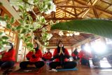  Peserta melakukan gerakan yoga pada festival bertajuk 'Yoga Ring Banyuwangi' di Perkebunan Kalibendo, Banyuwangi, Jawa Timur, Minggu (27/3/2022). Festival yang digelar oleh Perkumpulan Praktisi Yoga Nasional Indonesia (PPYNI) Banyuwangi itu selain sebagai upaya mengenalkan olahraga yoga ke masyarakat luas juga bertujuan untuk menghilangkan stres bagi peserta yang lelah setelah melakukan aktivitas sehari-hari. Antara Jatim/Budi Candra Setya/zk