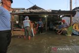 Warga duduk di teras rumah saat banjir rob atau air laut pasang merendam Desa Karangsong di Indramayu, Jawa Barat, Senin (23/5/2022). Banjir rob tersebut mengakibatkan puluhan rumah warga di pesisir pantai terendam setinggi 60-90 centimeter dan membuat aktivitas warga terhambat. ANTARA FOTO/Dedhez Anggara/agr
