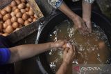 Pekerja membersihkan telur ayam di Desa Muktisari, Kabupaten Ciamis, Jawa Barat, Jumat (3/6/2022). Koperasi Produsen Peternak Ayam Petelur (PPAP) Ciamis menyatakan harga pakan ayam naik dari Rp5.000 menjadi Rp7.500 per kg yang berdampak pada kenaikan harga telur menjadi Rp26.000 per kg ditingkat peternak. ANTARA FOTO/Adeng Bustomi/agr
