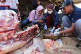 Dokter hewan dari Dinas Ketahanan Pangan dan Pertanian (DKPP) memeriksa kondisi daging hewan kurban sebelum dibagikan di Rumah Pemotongan Hewan Singaraja, Indramayu, Jawa Barat, Minggu (10/7/2022). Pemeriksaan tersebut untuk memastikan kelayakan dan kesehatan daging hewan kurban sebelum dibagikan kepada masyarakat. ANTARA FOTO/Dedhez Anggara/agr