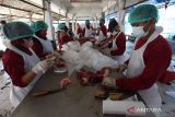 Sejumlah pekerja mengemas potongan  daging hewan kurban milik warga di Perusahaan Daerah (PD) Rumah Potong Hewan (RPH) Surabaya, Jawa Timur, Sabtu (9/7/2022). Perusahaan daerah tersebut menerima layanan pemotongan hewan kurban sekaligus pengemasan daging kurban dari masyarakat sampai empat hari kedepan dan sampai saat ini telah ada sekitar 168 ekor sapi dan 17 ekor kambing yang siap dipotong. ANTARA Jatim/Didik Suhartono/zk