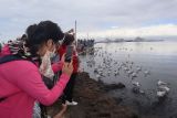 Wisatawan memotret burung-burung yang bermigrasi ke Danau Qinghai di Provinsi Qinghai, China, Senin (11/7/2022). Danau Qinghai yang berada di atas ketinggian 3.260 meter dari permukaan laut yang luasnya mencapai 4.543 kilometer persegi di dataran tinggi Tibet itu menjadi surga bagi berbagai jenis burung. ANTARA FOTO/M. Irfan Ilmie/hp.