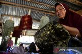 Perajin memasang hiasan payet dengan kombinasi sulaman benang emas pada pakaian penganten dan pakaian adat Aceh di Rumah Panggung Usaha Mikro Kecil dan Menengah (UMKM) Ida Payet, Desa Lambaro Neujid, Kabupaten Aceh Besar, Rabu (20/7/2022). Pelaku UMKM Ida Payet  yang mempekerjakan puluhan wanita perajin di daerah pesisir itu, menyatakan pemasaran produknya sejak dua tahun terakhir sudah berhasil menembus pasar nasional, bahkan Malaysia, namun kendalanya saat ini masih mengandalkan peralatan tradisional dan selain belum memiliki rumah UMKM. ANTARA FOTO/Ampelsa.