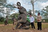 Gubernur Jambi Al Haris (kedua kanan) didampingi Kepala Resor Tebo Hefa Edison (kanan) berpose bersama gajah Sumatera (Elephas maximus sumatranus) jinak yang ditunggangi mahout (pawang) saat peresmian Pusat Informasi Konservasi Gajah (PIKG) Tebo di Muara Sekalo, Sumay, Jambi, Sabtu (6/8/2022). PIKG yang berada di Kawasan Ekosistem Esensial (KEE) Bentang Alam Bukit Tigapuluh saat ini memiliki lima gajah Sumatera jinak yang didatangkan dari Lampung dan Sumatera Selatan guna pencegahan konflik dan medium edukasi di kawasan itu. ANTARA FOTO/Wahdi Septiawan/rwa.
