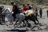 Joki memacu kudanya ketika mengikuti lomba pacuan kuda di kawasan Gunung Bromo, Probolinggo, Jawa Timur, Rabu (17/8/2022). Pacuan kuda yang diikuti oleh para ojek kuda Gunung Bromo selain untuk memperingati HUT ke-77 kemerdekaan RI juga diharapkan dapat meningkatkan kunjungan pariwisata dan melestarikan pacu kuda tradisional. ANTARA Jatim/Umarul Faruq/zk