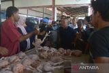 Menteri Perdagangan Zulkifli Hasan (tengah) berbelanja ayam potong untuk dibagikan kepada pengunjung  di Pasar Al Mahirah, Banda Aceh, Aceh, Jumat (19/8/2022). Kunjungan kerja tersebut  untuk melihat dan memantau langsung harga dan ketersediaan berbagai jenis bahan pangan dalam pemenuhan kebutuhan masyarakat. ANTARA FOTO/Ampelsa.