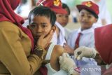 Petugas kesehatan menyuntikkan vaksin Campak kepada murid kelas satu saat bulan imunisasi anak sekolah (BIAS) di SDN Sukareja, Balongan, Indramayu, Jawa Barat, Senin (29/8/2022). BIAS diselenggarakan secara serentak di sejumlah daerah sebanyak dua kali dalam setahun guna menjamin pelajar mendapatkan perlindungan terhadap penyakit campak, rubella, difteri dan tetanus. ANTARA FOTO/Dedhez Anggara/agr