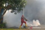 Petugas melakukan fogging atau pengasapan disalah satu  rumah warga yang positif kasus Demam Berdarah Dengue (DBD) di Desa Lambhuk, Banda Aceh, Aceh, Selasa (30/8/2022). Pemkot Banda Aceh terus melakukan pengasapan di beberapa desa untuk mencegah penyebaran penyakit  Demam Berdarah Dengue (DBD) sehubungan terjadinya peningkatan kasus sejak awal Januari hingga 25 Agustus 2022 bertambah menjadi 136 kasus mayoritas menyerang anak dan empat orang di antaranya meninggal. ANTARA FOTO/Ampelsa.