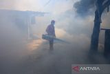 Petugas Puskesmas Margadadi melakukan fogging atau pengasapan di kelurahan Margadadi, Indramayu, Jawa Barat, Rabu (28/9/2022). Pengasapan tersebut dilakukan guna mencegah penyebaran penyakit Demam Berdarah Dengue (DBD) terutama di kawasan permukiman padat penduduk. ANTARA FOTO/Dedhez Anggara/agr
