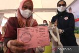 Dokter hewan menunjukkan kartu vaksin kucing peliharaan usai di vaksin rabies di Indramayu, Jawa Barat, Kamis (6/10/2022). Dinas Ketahanan Pangan dan Pertanian (DKPP) Kabupaten Indramayu menggelar vaksinasi rabies gratis bagi hewan peliharaan seperti kucing, anjing musang dan monyet yang digelar dalam rangka memperingati Hari Rabies Sedunia. ANTARA FOTO/Dedhez Anggara/agr