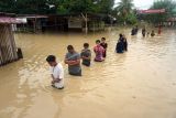 Sejumlah warga berjalan menerobos banjir di Kampung Baru, Lhoksukon, Aceh Utara, Aceh, Minggu (9/10/2022). Data Badan Penanggulangan Bencana Daerah (BPBD) setempat menyebutkan banjir Aceh Utara terus meluas hingga ke 15 kecamatan dengan jumlah pengungsi sebanyak 39.847 orang menyusul hujan lebat terus terjadi ditambah air kiriman dari hulu Takengon, Aceh Tengah dan Kabupaten Bener Meriah. ANTARA FOTO/Ririn/Rmd/wsj.