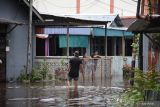 BANJIR LANDA KOTA SINGKAWANG. Tiga warga berbincang di atas jalan yang terendam banjir di Kota Singkawang, Kalimantan Barat, Minggu (6/11/2022). Banjir setinggi 10 cm hingga 90 cm menggenangi sejumlah ruas jalan, pemukiman penduduk dan fasilitas umum di Kota Singkawang akibat tingginya curah hujan sejak Sabtu (5/11/2022) malam hingga Minggu (6/11/2022) di wilayah setempat. ANTARA FOTO/Reza Novriandi/jhwANTARA FOTO/REZA NOVRIANDI (ANTARA FOTO/REZA NOVRIANDI)