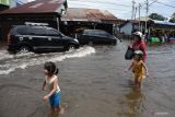 BANJIR LANDA KOTA SINGKAWANG. Tiga warga berjalan melintasi banjir di Kota Singkawang, Kalimantan Barat, Minggu (6/11/2022). Banjir setinggi 10 cm hingga 90 cm menggenangi sejumlah ruas jalan, pemukiman penduduk dan fasilitas umum di Kota Singkawang akibat tingginya curah hujan sejak Sabtu (5/11/2022) malam hingga Minggu (6/11/2022) di wilayah setempat. ANTARA FOTO/Reza Novriandi/jhwANTARA FOTO/REZA NOVRIANDI (ANTARA FOTO/REZA NOVRIANDI)