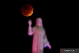Bulan berwarna kemerahan saat fase gerhana bulan total di San Salvador, El Salvador, Selasa (8/11/2022). ANTARA FOTO/REUTERS/Jose Cabezas/foc.