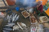 Warga menyelesaikan pembuatan ikan asap di desa Pabean udik, Indramayu, Jawa Barat, Jumat (11/11/2022). Produksi ikan asap berbahan ikan tongkol dan ikan cucut tersebut dijual seharga Rp5000 per tiga potong dan dijual di sejumlah pasar tradisional setempat. ANTARA FOTO/Dedhez Anggara/agr