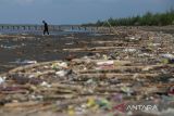 Warga berjalan di antara sampah yang menumpuk di bibir pantai Tiris, Pasekan, Indramayu, Jawa Barat, Sabtu (14/1/2023). Kawasan pantai tersebut mulai dicemari sampah kayu dan plastik yang terbawa gelombang laut. ANTARA FOTO/Dedhez Anggara/agr