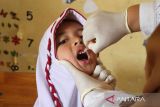 Petugas kesehatan memberikan tetesan  vaksin polio (Oral Poliomyelitis Vaccine) tahap dua kepada pelajar  di Sekolah Dasar Negeri 7, Banda Aceh, Aceh, Kamis (13/2/2023). Pemerintah provinsi Aceh menggelar vaksin polio tahap dua secara serentak di sejumlah kabupaten/kota  dengan target capaian sebanyak 1,2 juta anak pada tahaun 2023. ANTARA FOTO/Ampelsa.