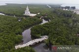 Foto udara memperlihatkan menara dan jembatan di tengah hamparan hutan mangrove Kuala Langsa di Kota Langsa, Aceh, Jumat (24/2/2022). Hutan Mangrove Kuala Langsa dengan luas 8.000 hektare menjadi salah satu ikon kota langsa sebagai daya tarik ekowisata, konservasi, dan penelitian, karena memiliki 32 jenis pohon mangrove yang berperan penting sebagai habitat aneka hewan seperti ikan, kepiting, burung, monyet, dan reptil. (ANTARA FOTO/FB Anggoro)