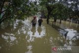 Warga berjalan melintasi genangan banjir di kawasan Karangligar, Kabupaten Karawang, Jawa Barat, Rabu (1/3/2023). Ratusan rumah warga dari 55 desa yang tersebar di 18 kecamatan masih terendam banjir akibat luapan Sungai Cibeet dan Sungai Citarum. ANTARA FOTO/Novrian Arbi/agr