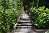 Warga  melintasi jembatan gantung yang menghubungkan beberapa perkampungan di pedalaman desa Guba, Kecamatan Seulimum, kabupaten Aceh Besar, Aceh, Sabtu (4/3/2023. Jembatan gantung yang memiliki panjang sekitar 200 meter itu mengalami kerusakan pada bagian lantai papannya karena sudah lapuk sehingga dapat mengancam keselamatan warga. ANTARA FOTO/Ampelsa.