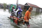Warga memberikan jasa angkut sepeda motor saat melintasi jalan yang terendam banjir di Sungai Rangas Ulu, Kabupaten Banjar, Kalimantan Selatan, Sabtu (4/3/2023). Berdasarkan data Pusdalops Badan Nasional Penanggulangan Bencana (BNPB) mencatat sebanyak 1.826 Kepala Keluarga atau 6.440 jiwa terdampak banjir di enam Kecamatan di Kabupaten Banjar. ANTARA/Bayu Pratama S.