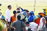  Presiden Joko Widodo (kiri) berbincang dengan sejumlah petani saat meninjau panen raya padi dalam kunjungan kerjanya di Ngawi, Jawa Timur, Sabtu (11/3/2023). Selain meninjau panen raya, dalam kunjungannya di Ngawi Presiden juga berdialog dengan pedagang pasar Beran. ANTARA Jatim/Siswowidodo/Zr