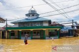 Seorang warga melintasi jalan yang tergenang banjir di Barabai, Kabupaten Hulu Sungai Tengah, Kalimantan Selatan, Jumat (17/3/2023). Berdasarkan data BPBD Kabupaten Hulu Sungai Tengah pada Jumat (17/3/2023) sebanyak 4.188 jiwa dan 1.340 rumah di lima kecamatan terdampak banjir di kabupaten tersebut. ANTARA/Bayu Pratama S.