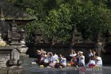 Umat Hindu melakukan sembahyang pada Hari Tumpek Uye di Pura Tirta Empul, Tampaksiring, Kabupaten Gianyar, Bali, Sabtu (25/3/2023). Hari Tumpek Uye atau sering disebut juga Tumpek Kandang merupakan hari raya umat Hindu untuk menghormati binatang, yang datang setiap 210 hari sekali pada hari Sabtu Kliwon Wuku Uye berdasarkan perhitungan Kalender Bali. ANTARA/Widodo S Jusuf/wsj.