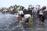 Warga Desa Adat Sema Agung membasuh kaki dan tangannya dengan air laut dalam tradisi Tek-Tekan saat prosesi upacara Melasti Kedasa di Pantai Tegal Besar, Klungkung, Bali, Rabu (5/4/2023). Tradisi tersebut digelar setiap enam bulan sekali untuk kesucian lingkungan desa, kesucian jasmani dan rohani masyarakat desa setempat serta memohon ketenangan alam. ANTARA FOTO/Nyoman Hendra Wibowo/wsj.