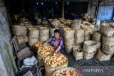 Buruh tani memilah ubi yang telah dipanen di Cilembu, Kabupaten Sumedang, Jawa Barat, Jumat (7/4/2023). Petani menyatakan, permintaan ubi yang merupakan bahan dasar untuk membuat kolak ke berbagai kota di Jawa Barat dan DKI Jakarta tersebut pada Bulan Ramadhan tahun ini menurun hingga 50 persen atau hanya 5 ton per minggu dibandingkan dengan Bulan Ramadhan tahun lalu yang dapat mencapai 10 ton per minggu karena minimnya permintaan. ANTARA FOTO/Raisan Al Farisi/agr