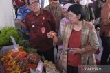 Deputi Gubernur Senior Bank Indonesia Destry Damayanti (kanan) mengamati bumbu dapur kemasan saat meninjau pasar murah di sela pencanangan Gerakan Nasional Pengendalian Inflasi Pangan (GNPIP) di Tabanan, Bali, Rabu (17/5/2023). Kegiatan yang digelar oleh Bank Indonesia tersebut mengusung tema 