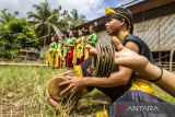 Penari menampilkan tari Babangsai tarian khas dayak meratus saat pengambilan video geopark meratus di Halaman Balai Adat Malaris, Kecamatan Loksado, Kabupaten Hulu Sungai Selatan, Kalimantan Selatan, Selasa (30/5/2023). Pemerintah Provinsi Kalimantan Selatan bersama Badan Pengelola Geopark Meratus terus berupaya melakukan pelestarian hingga pengembangan bagi situs-situs salah satunya Balai Adat Malaris yang menjadi bagian situs Geopark Meratus agar memberikan manfaat yang besar bagi masyarakat. ANTARA/Bayu Pratama S.