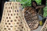 Perajin menyelesaikan pembuatan lanjung rotan di tempat pembuatan lanjung Margo Rukun, Tanjung Jabung Barat, Jambi, Sabtu (10/6/2023). Lanjung yang berfungsi untuk mengangkut buah dari perkebunan tersebut dipasarkan ke sejumlah daerah di Jambi, Riau, dan Sumatera Selatan dengan harga Rp95 ribu per buah. ANTARA FOTO/Wahdi Septiawan/tom.