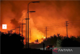 Seorang pria berdiri di dekat mobilnya saat api membakar kawasan industri di Kota Volos, Yunani, Rabu (26/7/2023). ANTARA REUTERS/Alexandros Avramidis/rwa. 