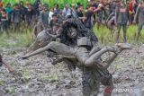 Warga berdandan seperti kerbau menceburkan penonton ke dalam lumpur sawah pada tradisi Kebo-keboan Alas Malang di Banyuwangi, Jawa Timur, Minggu (30/7/2023). Tradisi yang dilaksanakan setiap tanggal 10 Suro pada penanggalan Jawa itu digelar sebagai penolak bala sekaligus wujud syukur masyarakat setempat atas rezeki dan panen yang telah diperoleh. ANTARA Jatim/Budi Candra Setya/zk