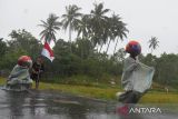 Peserta mengenakan helm mengikuti perlombaan lari dalam karung di desa wisata Kampung Nusa, kabupaten Aceh Besar, Aceh, Rabu (16/8/2023).  Berbagai jenis permainan rakyat yang digelar masyarat di desa wisata tersebut dalam rangka memeriahkan peringatan HUT ke-78 Kemerdekaan RI. ANTARA FOTO/Ampelsa.